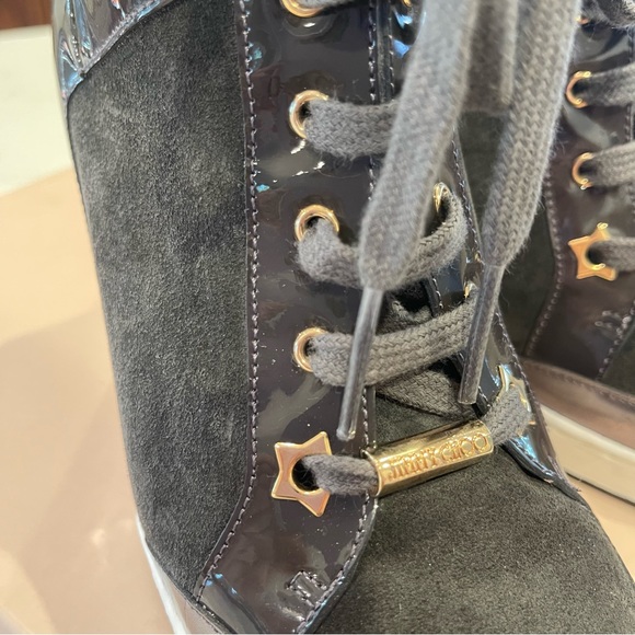 🎉HOST PICK🎉Jimmy Choo grey suede & pattern leather wedge Panama sneaker in box - Picture 15 of 16